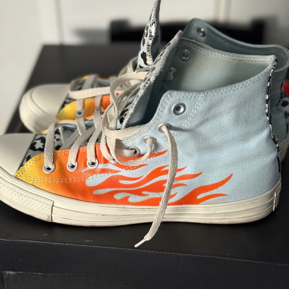 Converse Blue and Orange Flame High-Top Sneakers